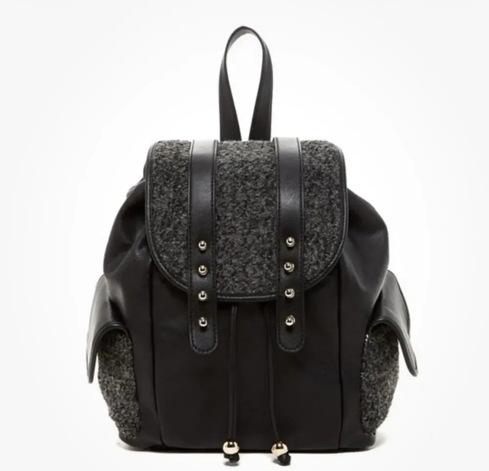 Big Buddha Black Grey Boucle Doris Faux Shearling Leather Flap Backpack X5504